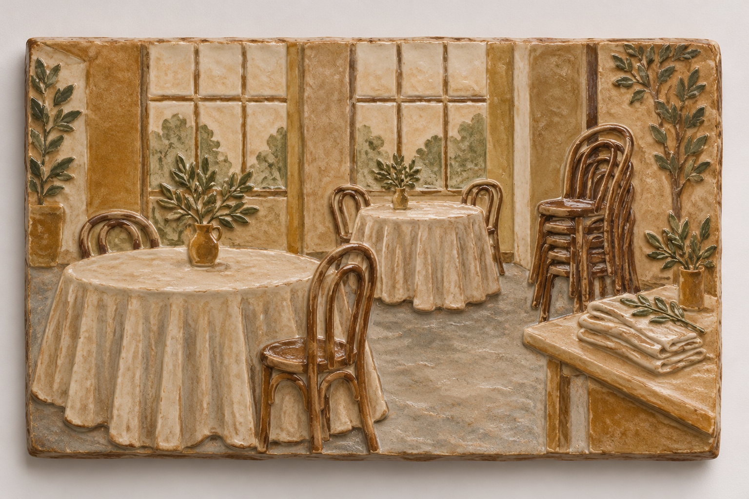 Illustration of small event venue: empty dining tables, tall windows, stacked bentwood chairs