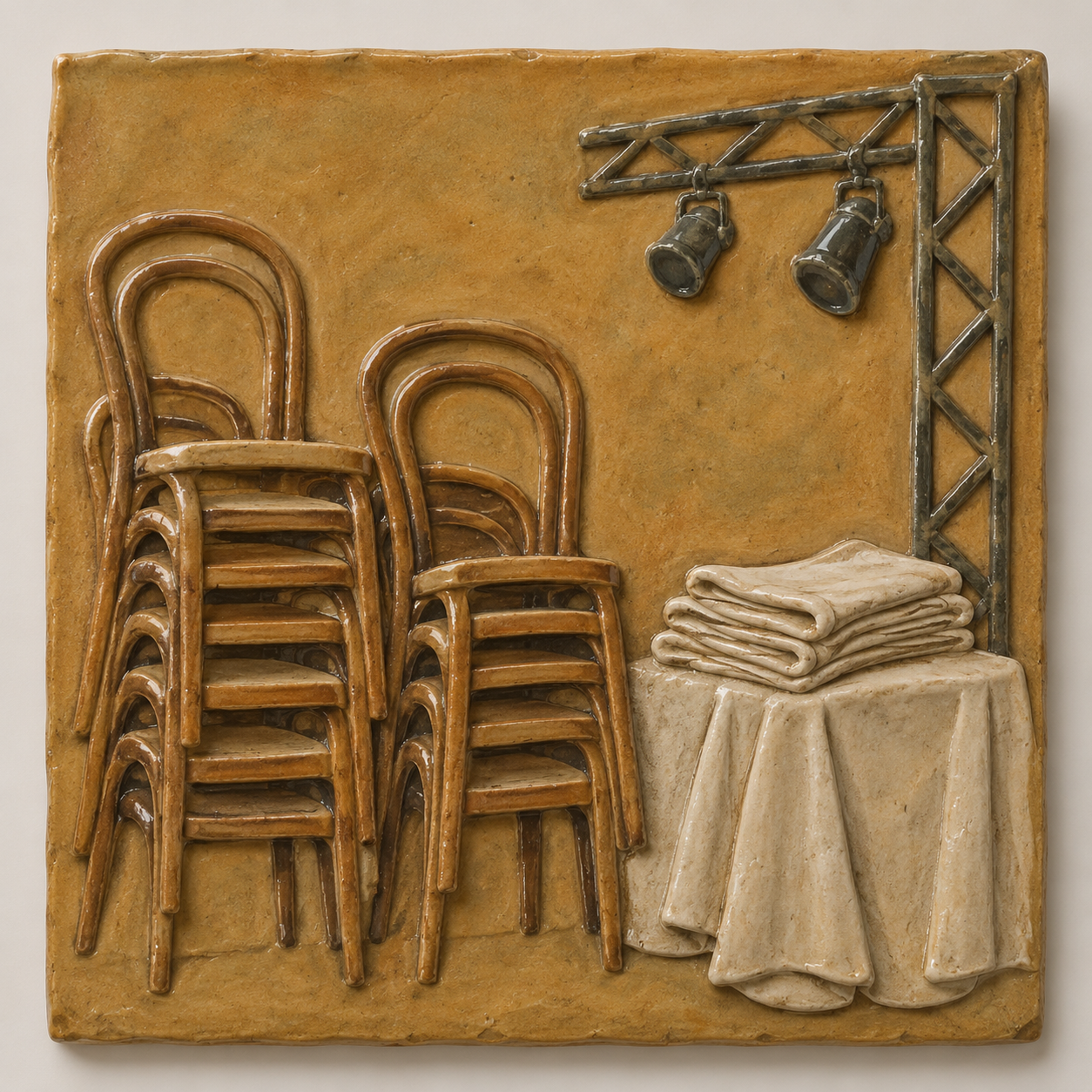 Illustration of small event venue: stacked bentwood chairs, folded table linen, a lighting truss without active setup